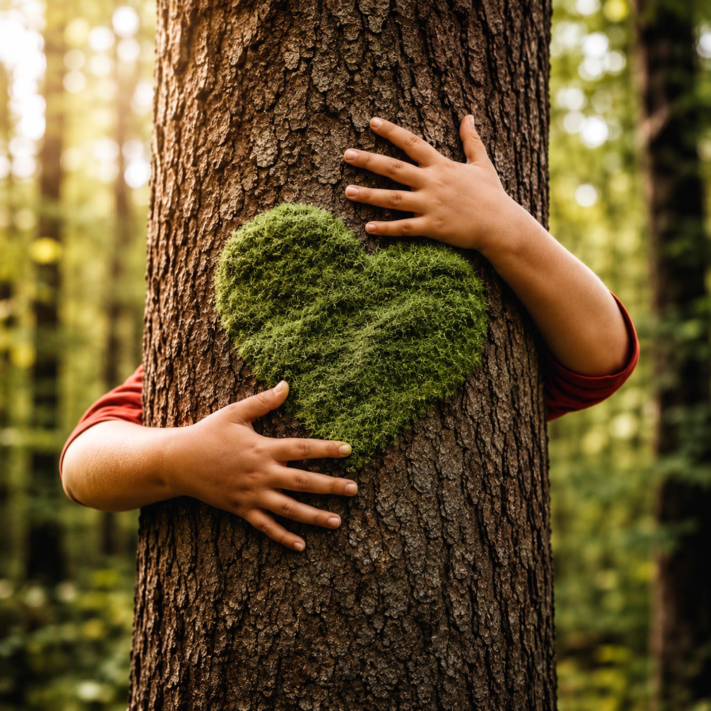 Bambino che abbraccia il tronco di un albero in una foresta, con un cuore verde di muschio al centro, simbolo di sostenibilità e connessione con la natura.